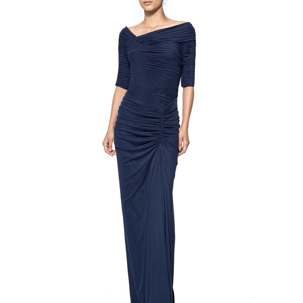 Tadashi Shoji Asymmetric Ruched Sleeve Gown Navy Chiffon Fitted Mermaid Large - Picture 1 of 16